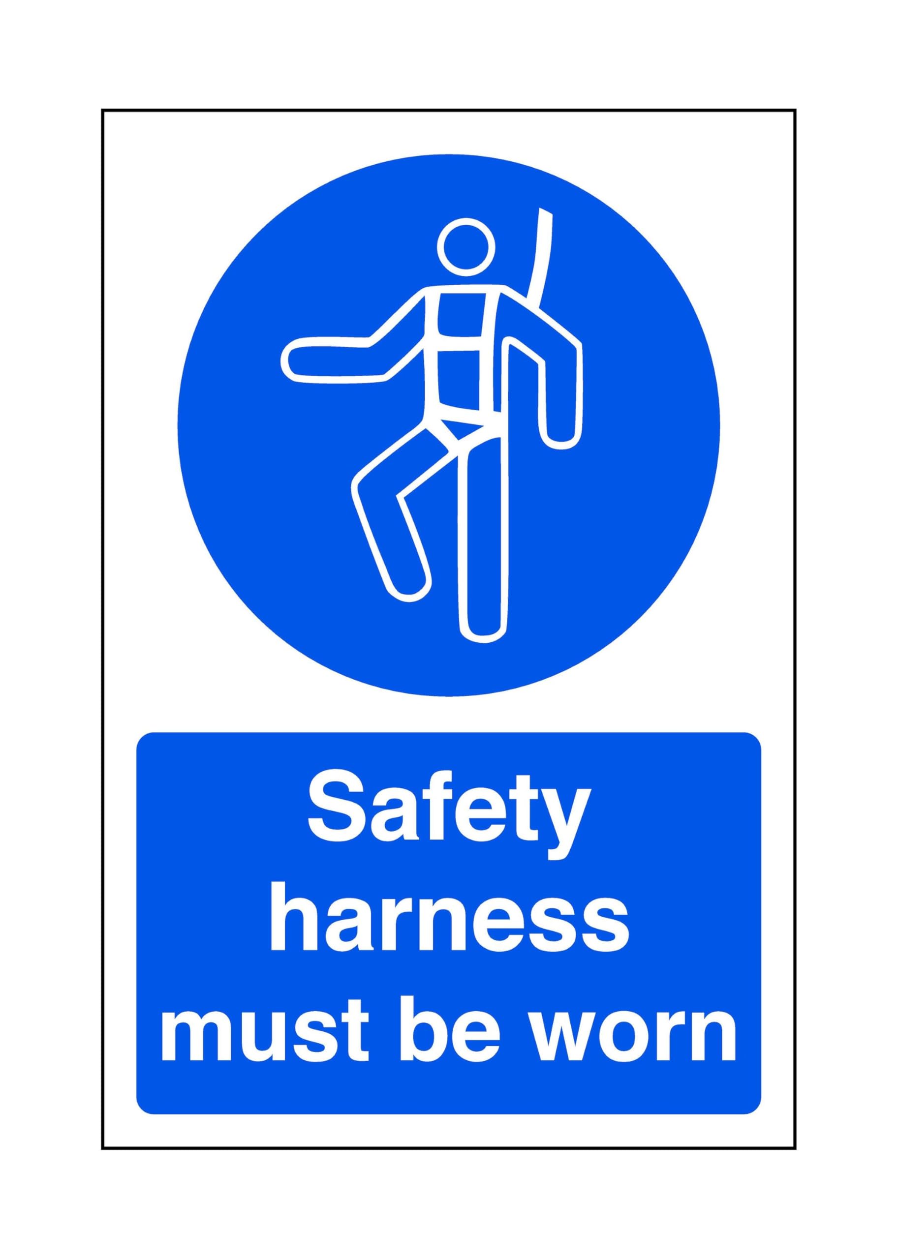 Safety First Display Ltd Blue/White Safety Harness Must Be Worn - Safety Sign - High Tack Self-Adhesive Sticker (300Mm X 200Mm) Viewing Distance Within 7M.