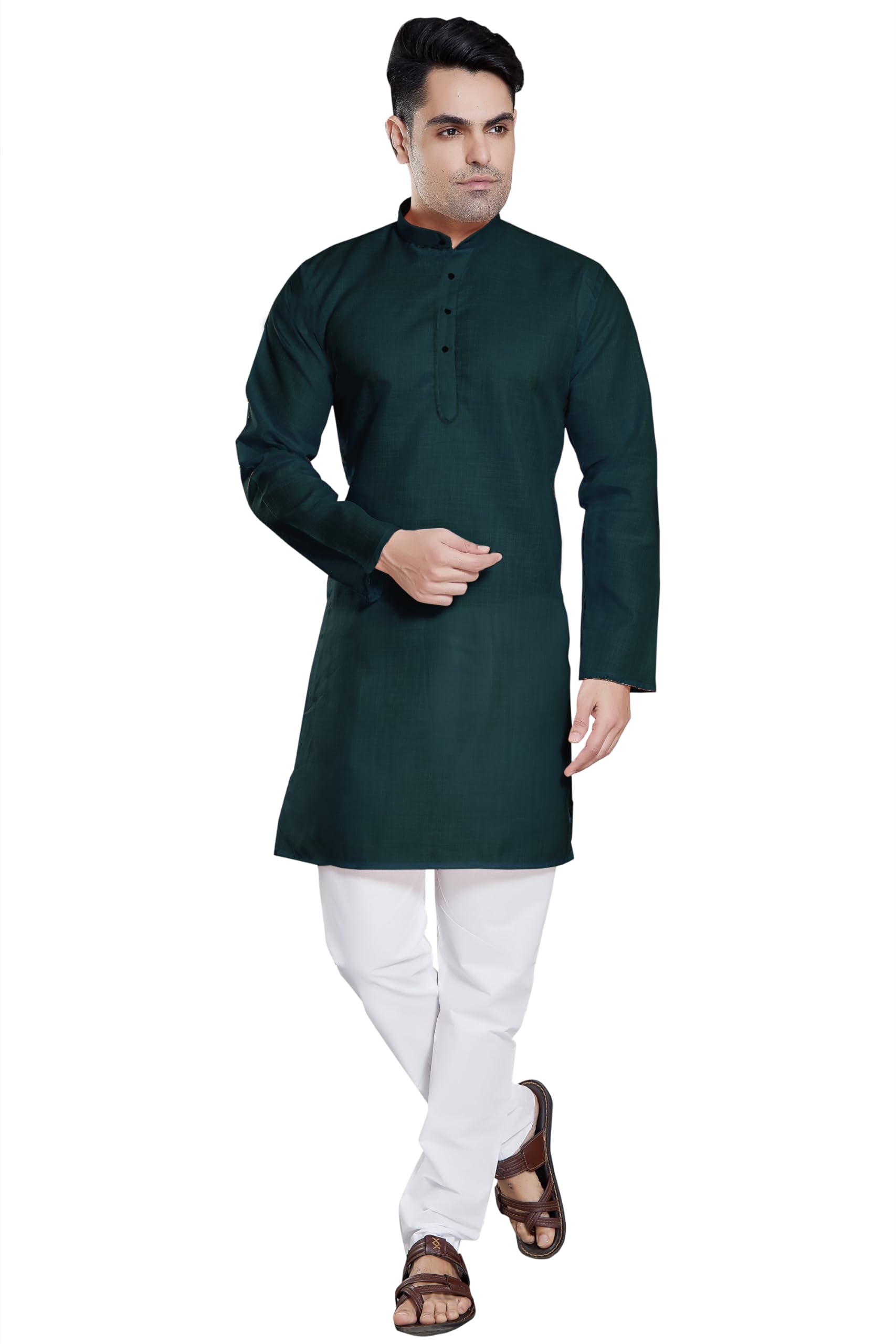 Divisive Men's Plain Cotton Blend Linen Slim Fit Kurta Pyjama Set (Dkrt58_L_Bottle Green)