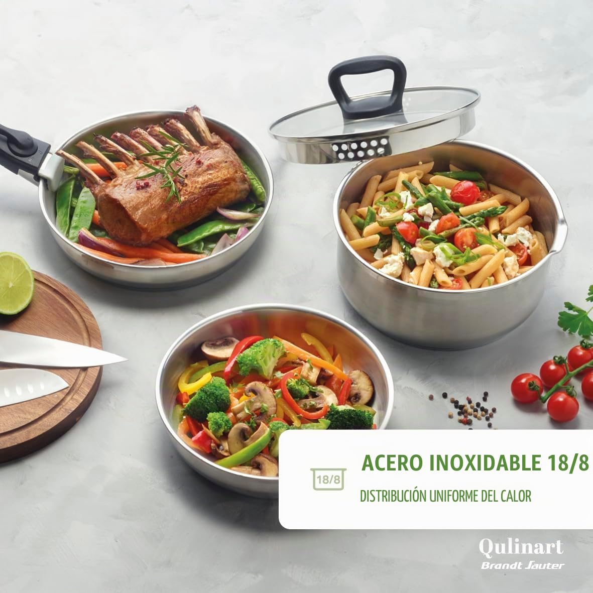 Qulinart by Brandt - Batería de cocina para inducción (10 piezas, 3 sartenes, 3 estufas y 3 tapas, coladores con asa extraíble, acero inoxidable, lote para todo fuego, color plateado