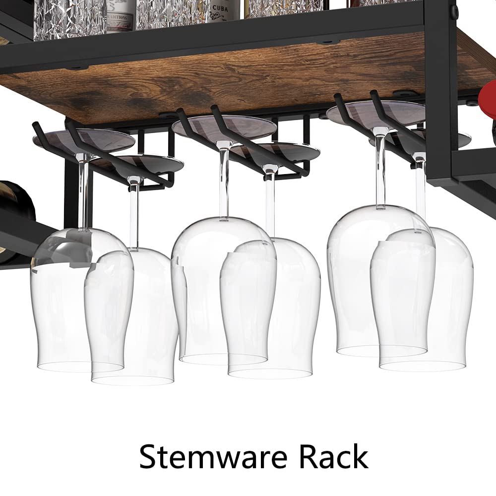 VEDECASA industriell wandmontierte Weinregal mit 3 Dampfglashalter Partial Holzregal Schwarz Metallflaschenhalter Multi funktionaler Weinpareite Display Rack für Home Bar Dining Room Kitchenkitchen