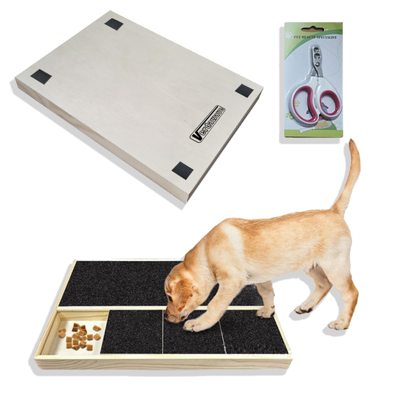 Almohadilla para rascar uñas de perro con caja de golosinas y cortaúñas para mascotas, almohadilla portátil duradera para limar los arañazos de los perros, tabla de madera para rascar uñas