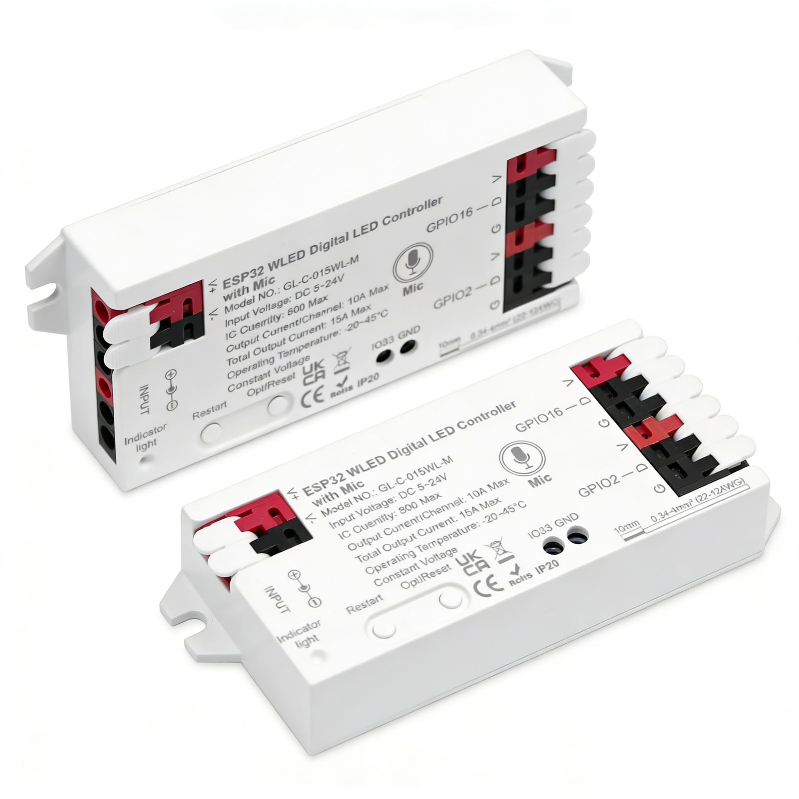 Confezione da 2 controller WLED con microfono: ESP32 DC 5V-24V Digital LED Strip Controller per striscia LED indirizzabile Digital RGB IC WS2811 WS2812B SK6812 WS2815 RGBW striscia LED indirizzabile