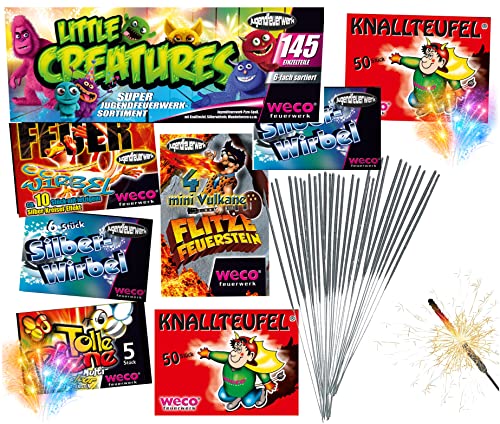 XXL SET 145 Teile Little Creatures - Jugendfeuerwerk Tischfeuerwerk mit Tischbomben & Wunderkerzen & Knallerbsen uvm für Partys & Feuerwerk Silvester Kat. F1 für Jugendlichen & Kinder 2022 / 2023 Cover