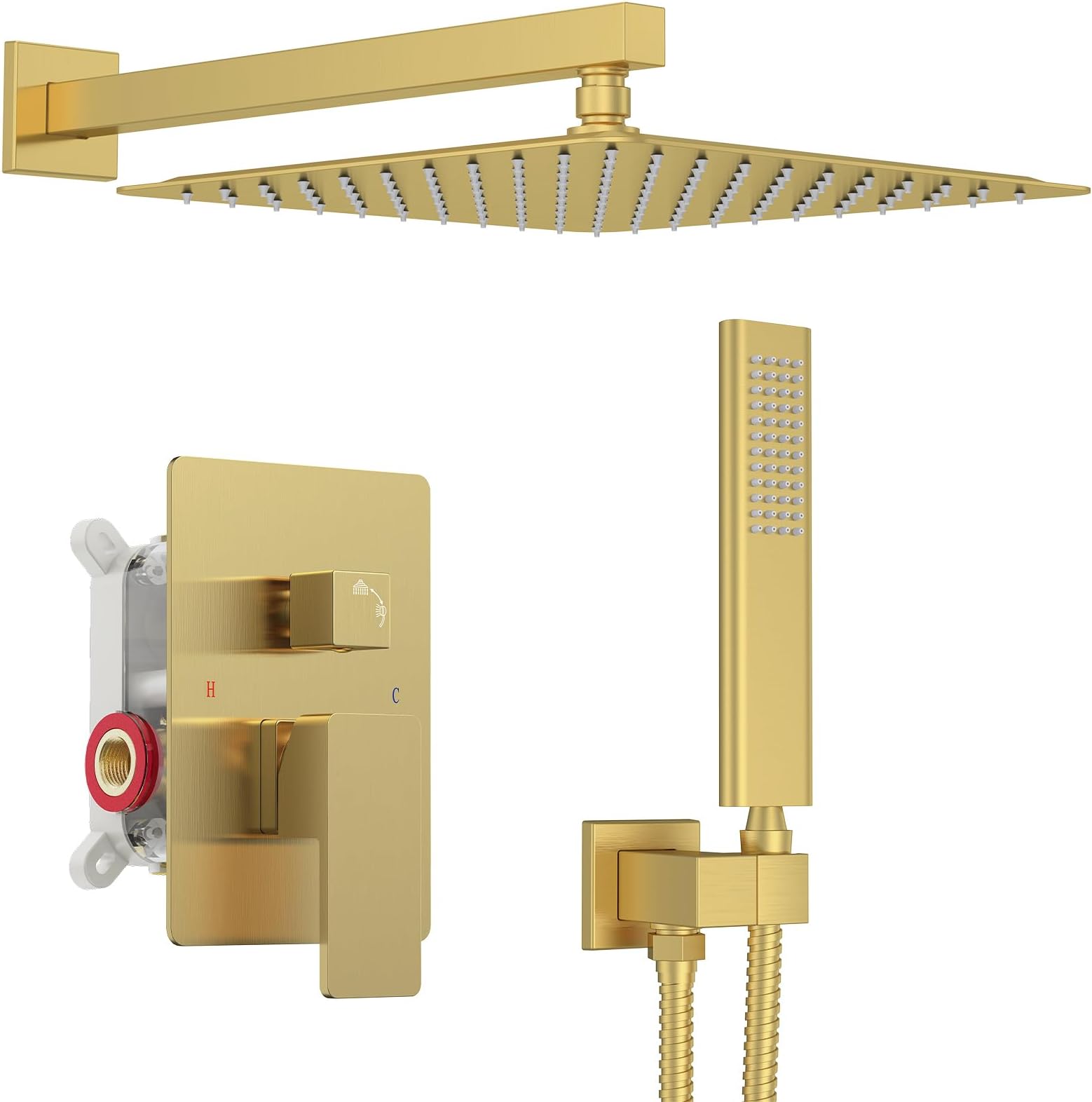 Iriber Brushed Gold Rain Shower System with 12 Inch Shower Head and Handheld shower Bathroom Wall Mounted Golden Shower Set Contain Shower Faucet Mixer Valve and Trim Kit (Valve Cartridge Included)