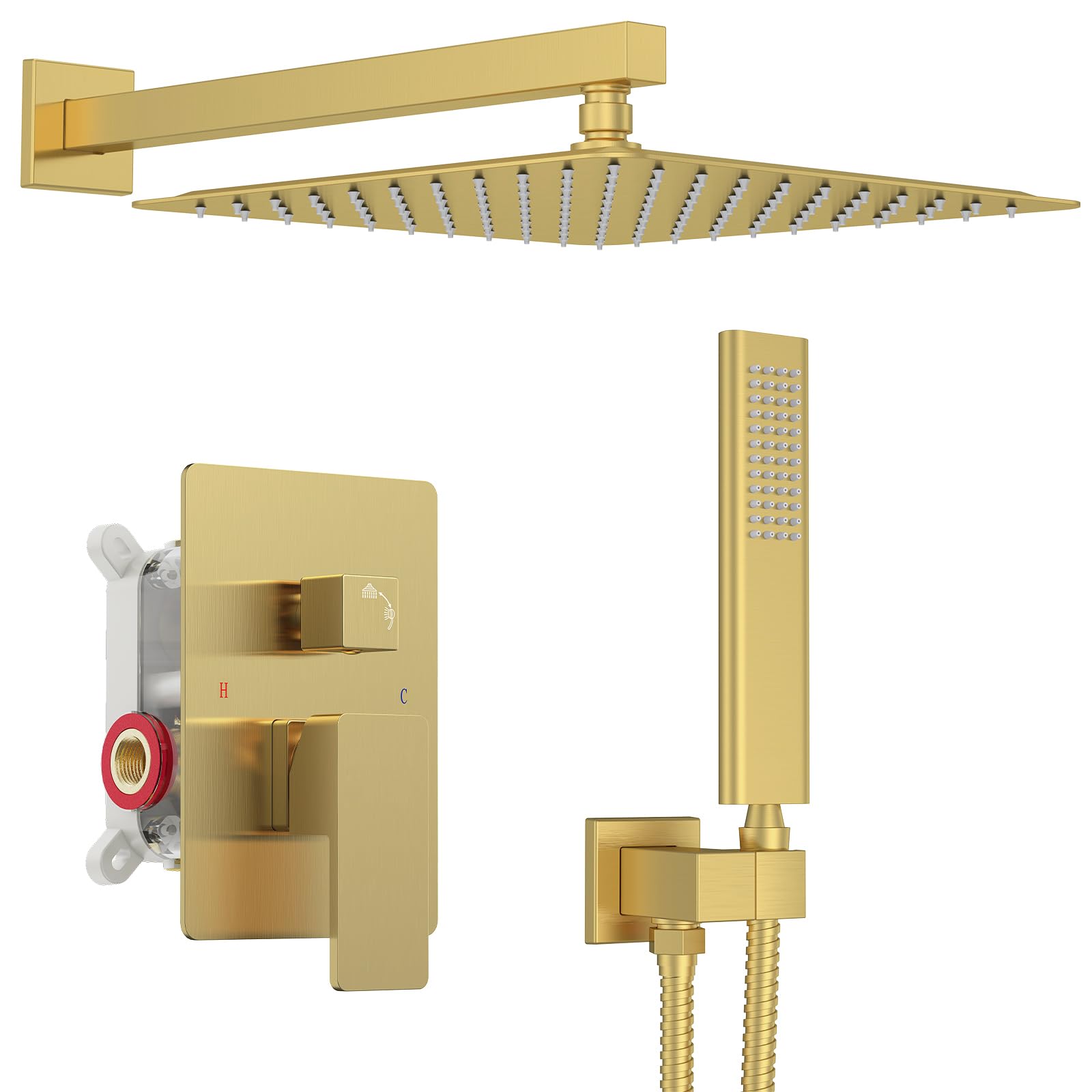 Iriber Brushed Gold Rain Shower System with 12 Inch Shower Head and Handheld shower Bathroom Wall Mounted Golden Shower Set Contain Shower Faucet Mixer Valve and Trim Kit (Valve Cartridge Included)
