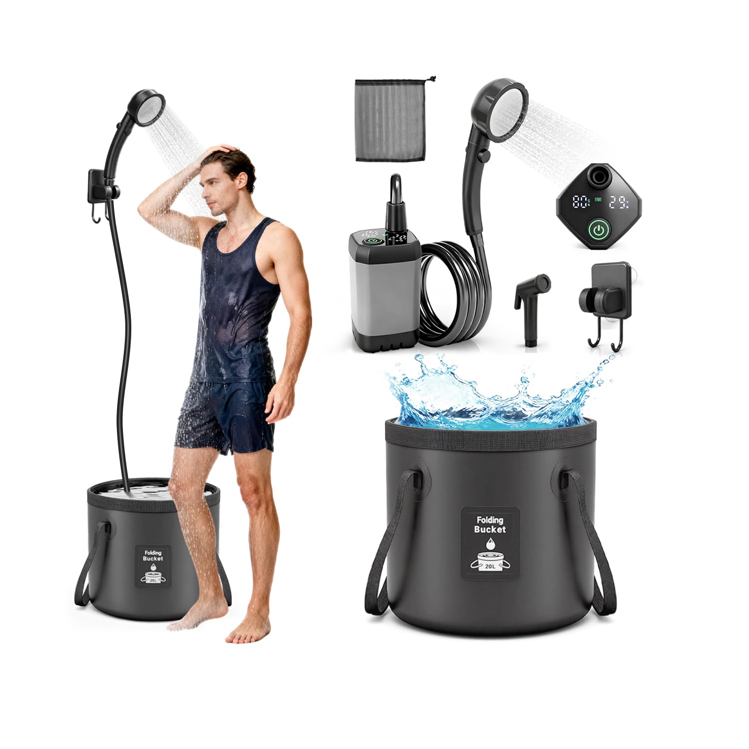 FOTSHARER Portable Shower for Camping with Shower Head 3 Spray Modes, 6000mAh Rechargeable Shower Pump with LED Display Foldable Bucket Outdoor Showering for Hiking RV Car Travel Pet