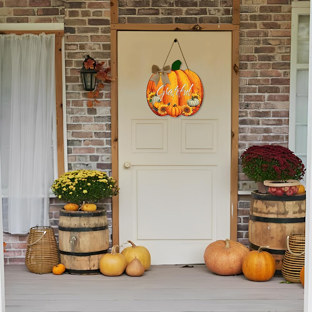 Horienteeon Zucca Grateful Fall Sign Porta d'ingresso Autunno Casa Ringraziamento Decorazioni Appese Rustico Fattoria Portico Decorazioni Outdoor Legno Natale Ringraziamento Interno Esterno 30,5 cm