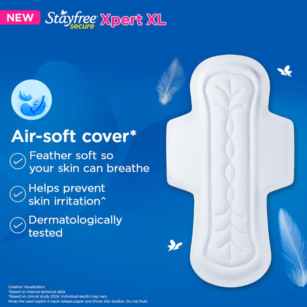 Stayfree Secure Xpert XL Sanitary Pads for Women | 290 mm | 40 Pads | Longer & Wider Pads for Heavy Flow | Air Soft Cover | Helps Prevent Skin Irritation | Fits in Pocket | Gel Lock Pockets for Instant & Deep Absorption | Dermatologically Tested 4