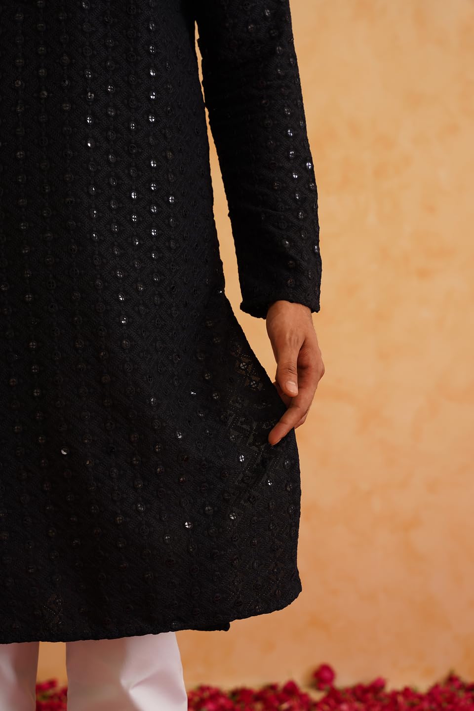 Sojanya (Since 1958 Men's Ethnic Motifs Embroidered Sequinned Cotton Black Long Kurta
