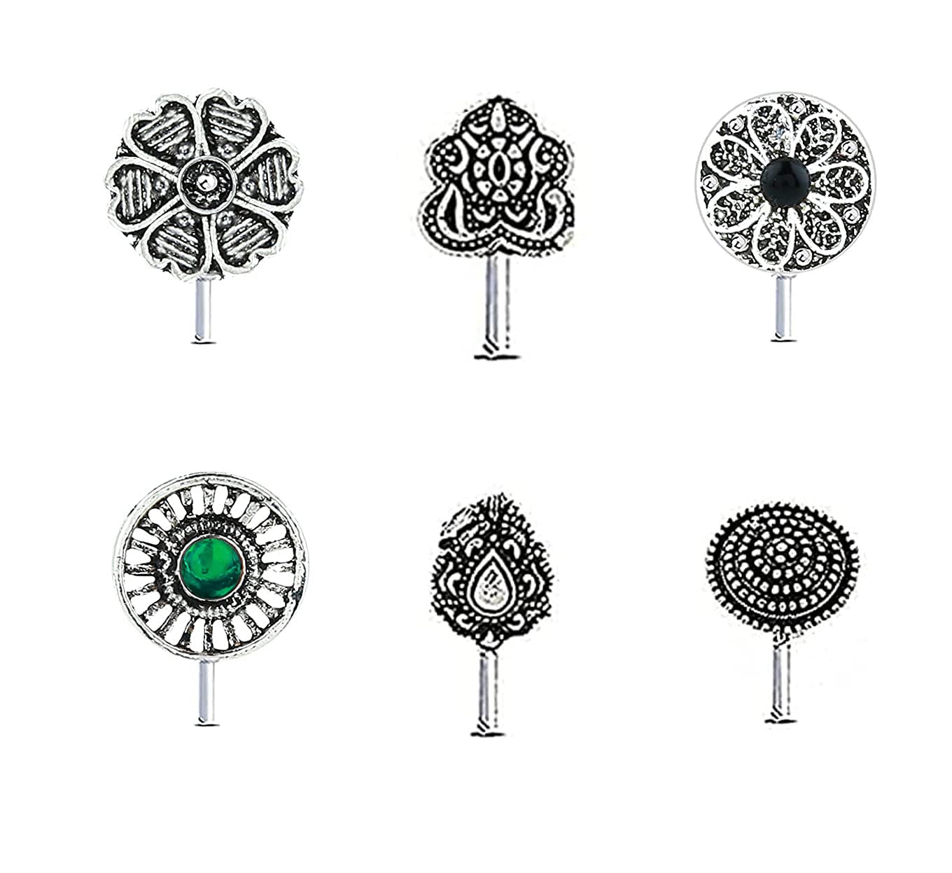 Green Peacock Styled Oxidized Silver Nose Ring Clip on Pin for Women-image-26