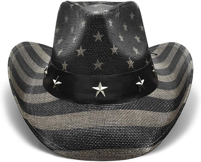 Vintage USA American Flag Cowboy Hat Classic Tea Stained Patriotic Western Cowboy Cowgirl Hat with Shapable Brim, Vintage Black and White, Large