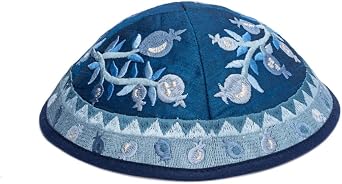 Yair Emanuel Kippah - Embroidered - Pomegranates - Blue