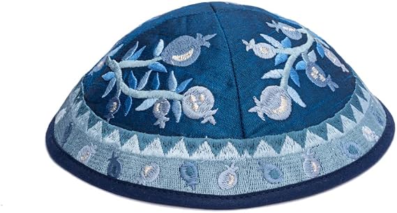 Yair Emanuel Kippah - Embroidered - Pomegranates - Blue
