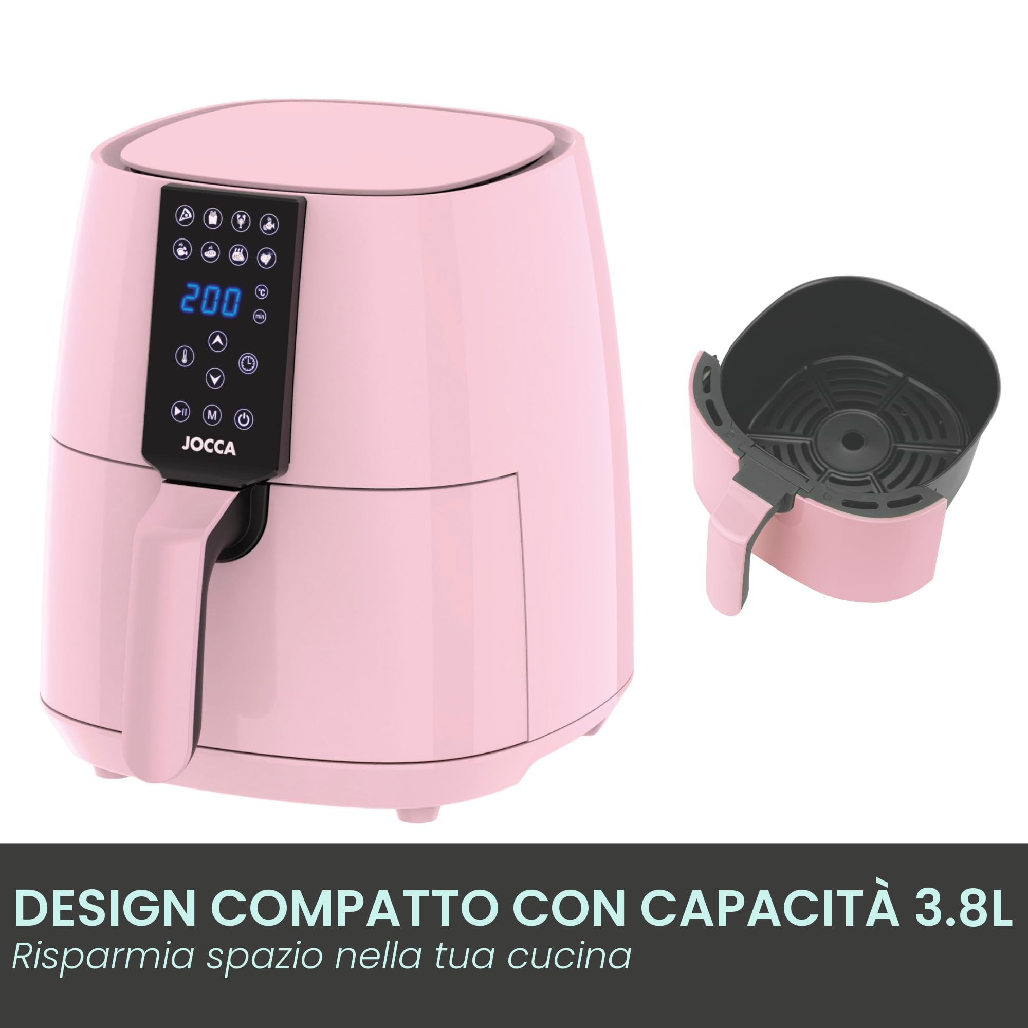 Jocca, Friggitrice ad Aria, Sweet Line, Display LED con 8 Programmi, Temperatura Regolabile, Potenza di 1450W, Risparmio Energetico, Rosa, 3,8L
