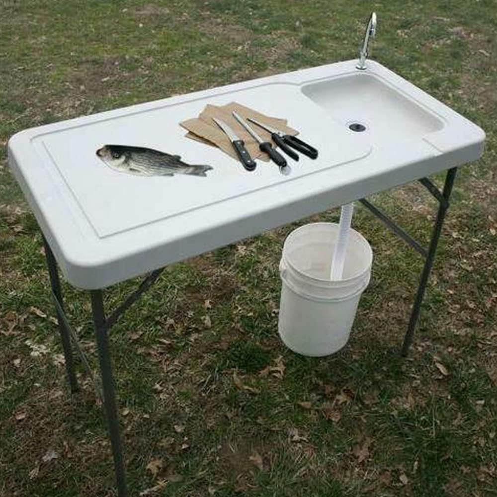 Folding Fishing Cleaning Table with Sink, 4ft Portable Foldable Camping Outdoor Table with Faucet for Picnic Camping Kitchen Gardening White