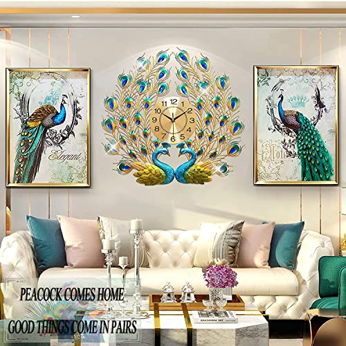 Eurson Large Peacock Wall Clock 27.6 Inch Non-Ticking Silent Crystal Creative Personality Modern Art Decorative Wall Clocks For Living Room Decor (27.6 * 27.6Inch, Yellow) #TOP1