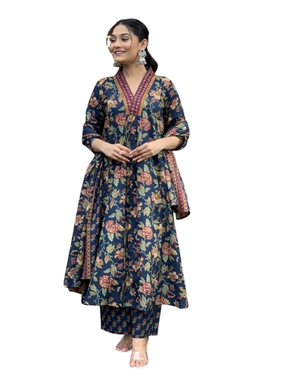 Women’s Cotton Blend Kurta Set with Printed Design Three-Quarter Sleeve with Matching Cotton Blend Bottom and Dupatta Ethnic Traditional-picture-39