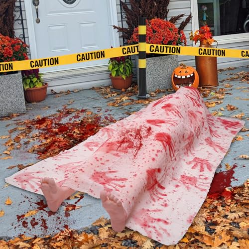 XIMISHOP Halloween Leiche Deko,5.4 FT Lebensgroß Leichen Requisiten with Warnband Horror Aufblasbarer Toter Körper Gefälschte Leich for Halloween Indoor Outdoor Friedhofs Haunted House Garden Deko