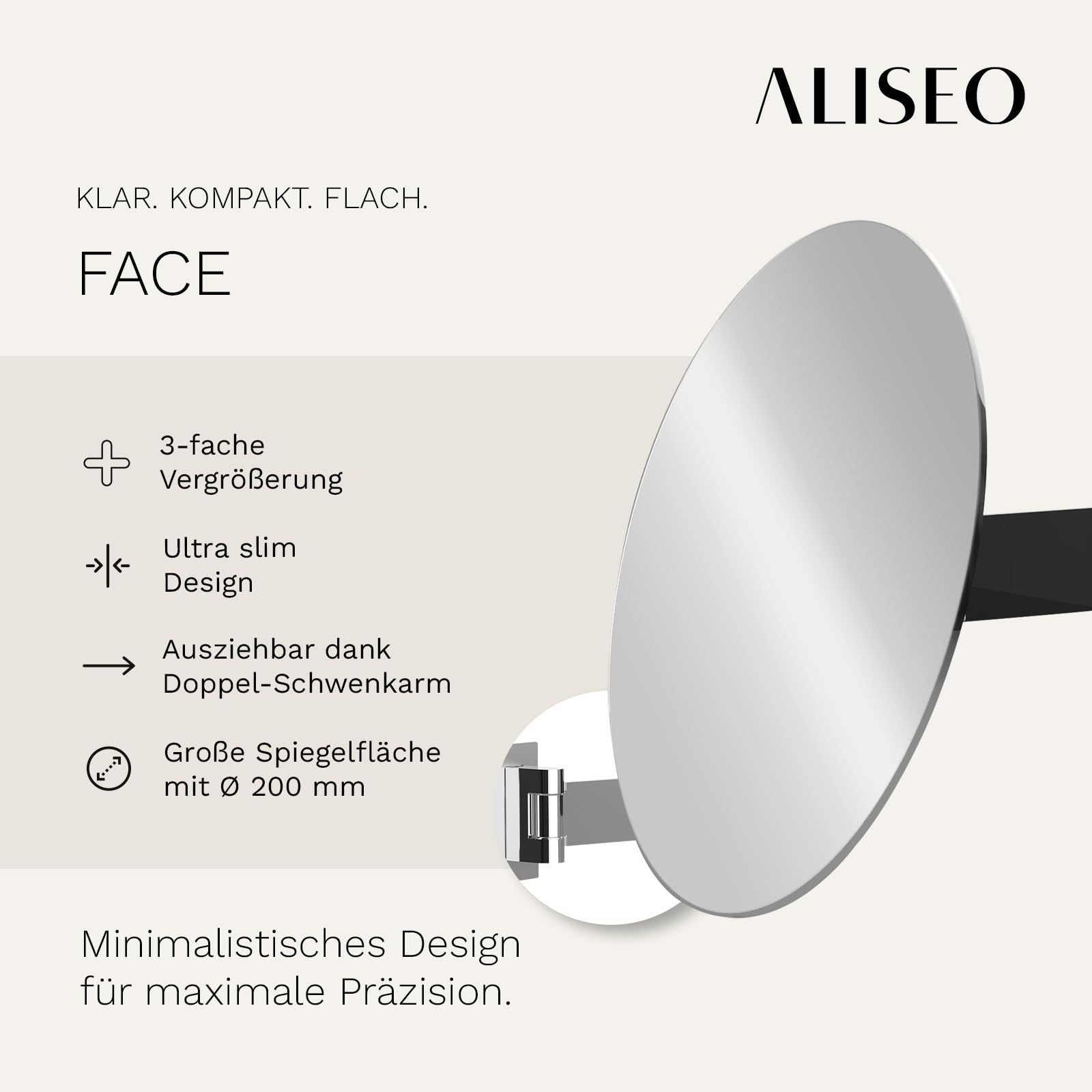 ALISEO FACE - Spiegel am Doppelschwenk-Arm - 3-Fach Vergrößerung, schwenkbar, rund ø 200 mm, Chrom