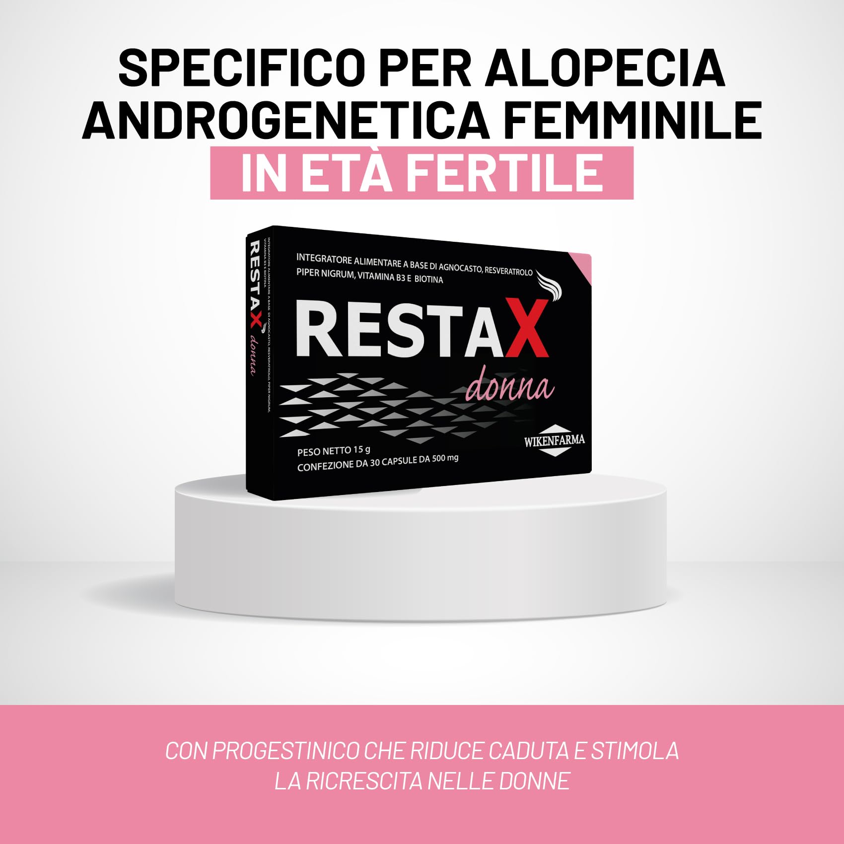 RestaX Donna integratore specifico per alopecia androgenetica femminile in età fertile con Agnocasto, Resveratrolo, Biotina. Con progestinico che riduce caduta e stimola la ricrescita nelle donne