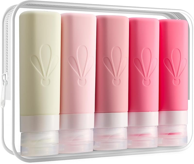 Frascos de silicone recarregáveis INSFIT para viagem, 90 mL, com bolsa e etiquetas, Pacote com 5
