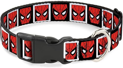 Buckle-Down Collar de perro Clip de plástico Spider Man Face Bloques blancos negros de 6 a 9 pulgadas de 0.5 pulgadas de ancho, multicolor,