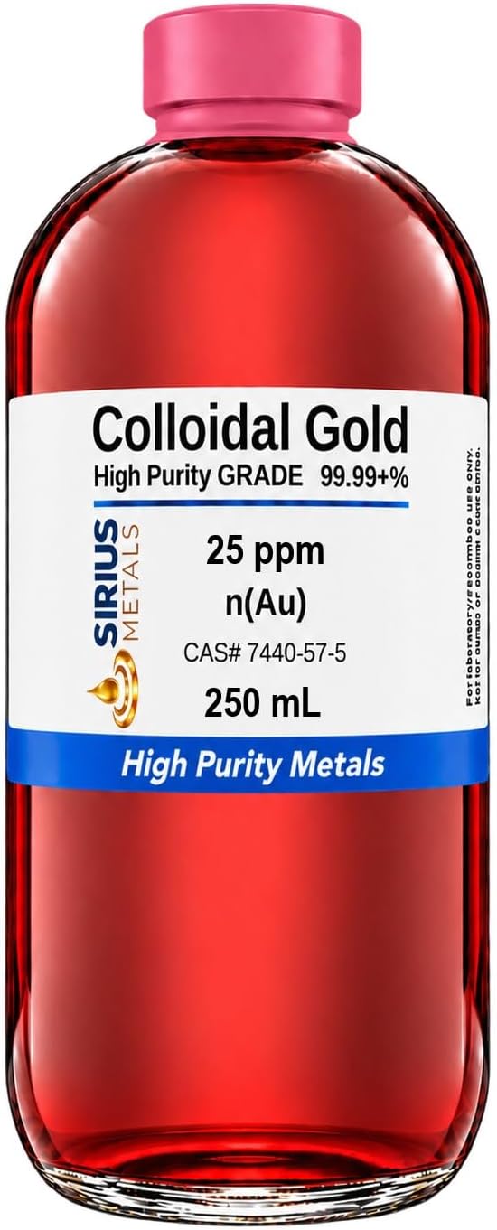 True Colloidal Gold – 25 ppm - 99.99+% Purity - 250 mL (8.45 Fl Oz) in Clear BPA-Free Plastic Bottle - Made in USA