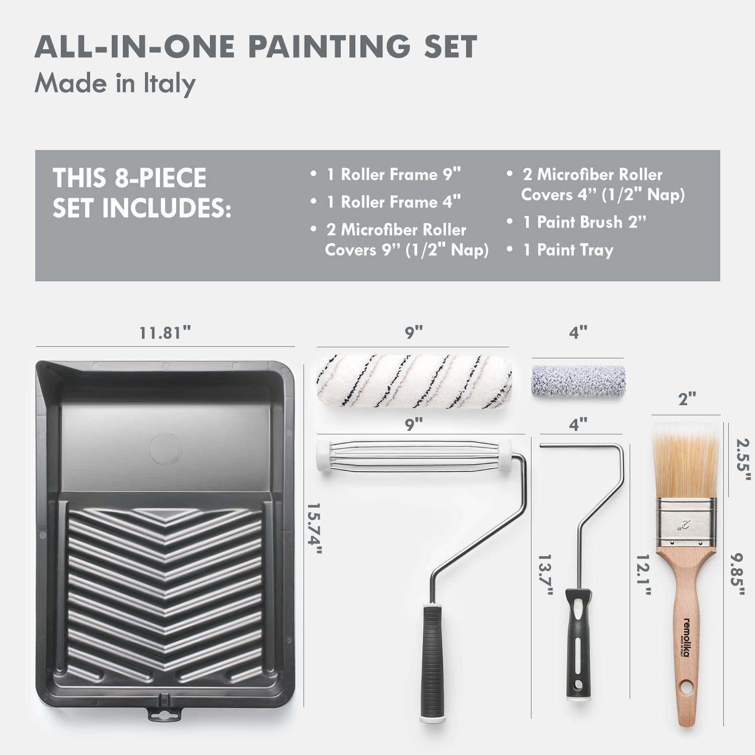 8-teiliges Farbroller-Set – Made in Italy – Premium-Pinsel, Mikrofaser-Rollerabdeckungen, Wandmalerroller, Rollrahmen und Farbwanne, für Profis oder Hausbesitzer