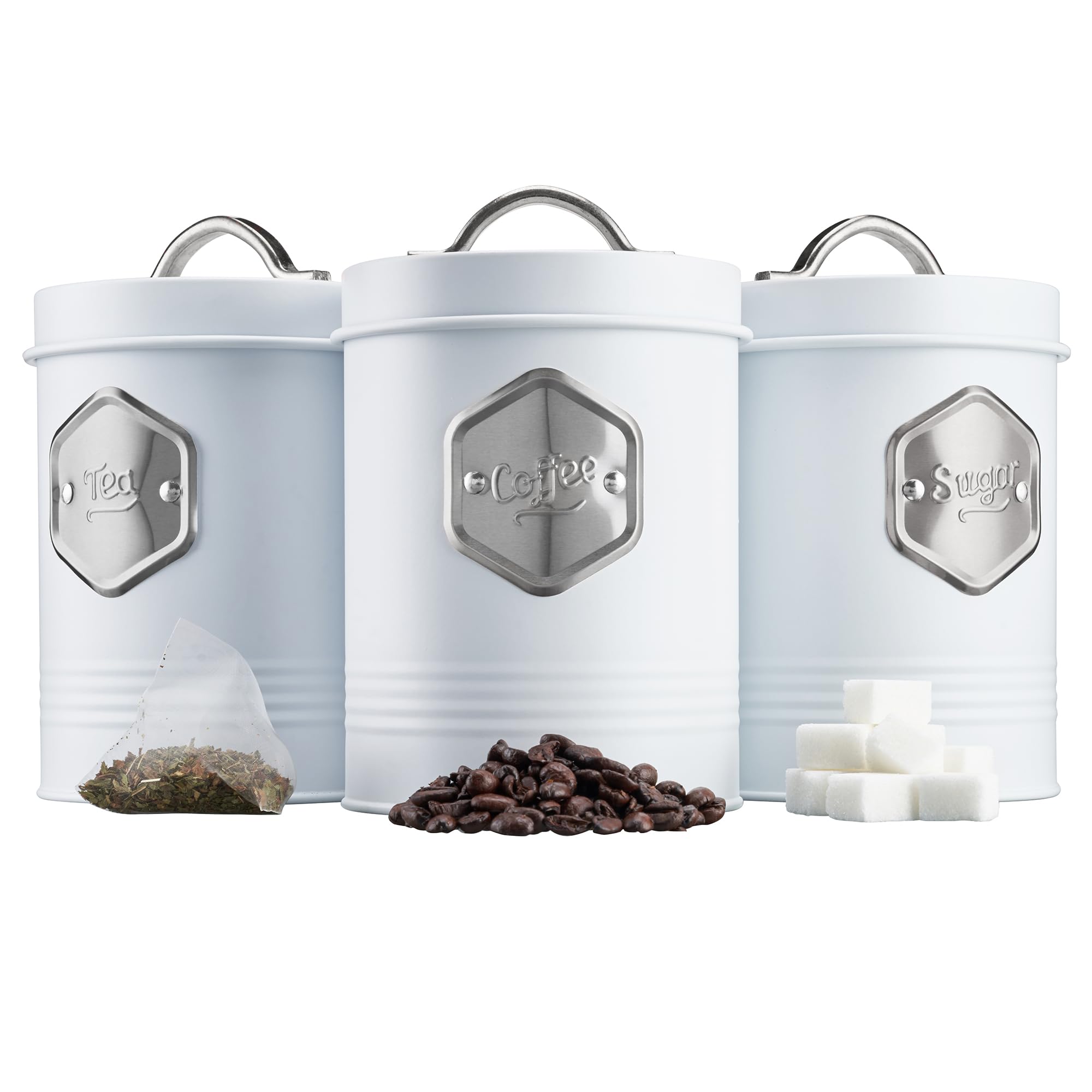 Cooks Professional 3 Piece Tea Coffee Sugar Cannister Set | Labelled Storage Tins | Containers with Airtight Lids | Canisters for Kitchen Accessories & Essentials | White & Silver — image 1