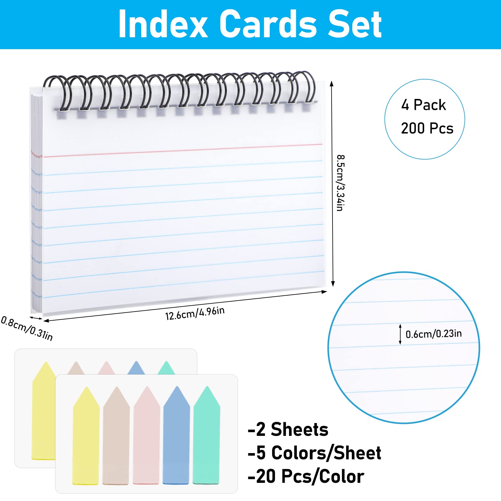 Revision Cards, 200 Sheets Lined Flash Cards Spiral-Bound, Index 3X5 Inches, 4 Packs White Note and Index Tabs - Image 2