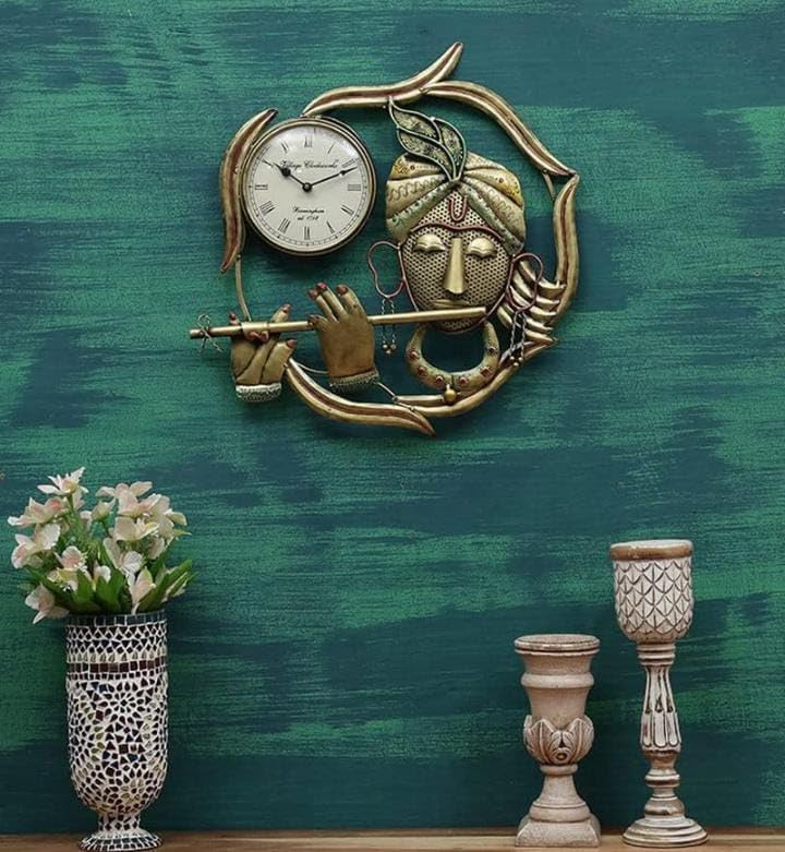 Antique Lord Krishna Metal Wall Clock for Home, Office, Shop Wall Decor, 20x19 cm