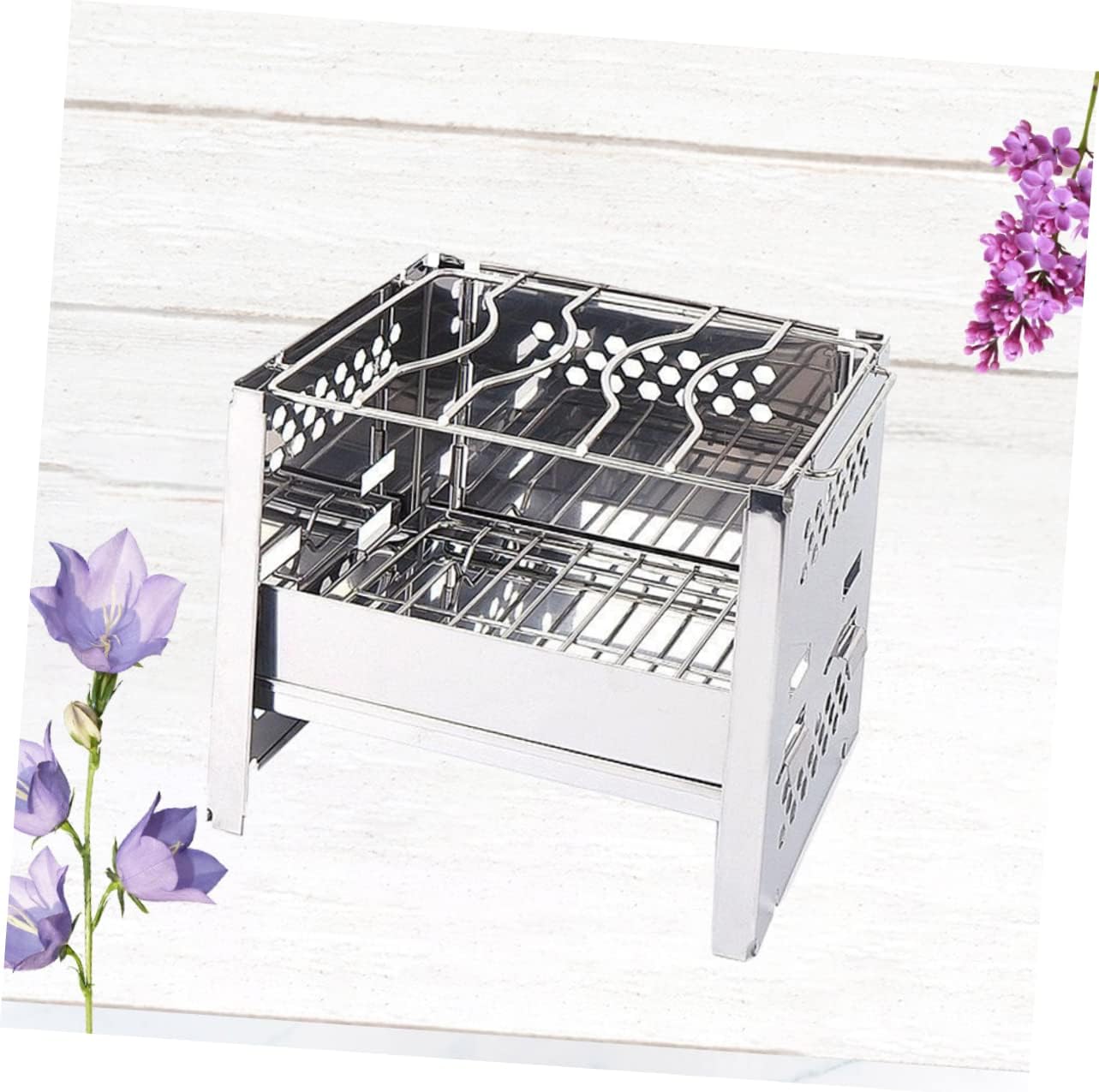VICASKY 1Pc Outdoor Mini Collapsible Stainless Steel Burning Stove Portable Bbq Grill for Camping Hiking Picnics Durable Cookware Silver
