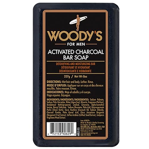 Woody's Jabón en barra de carbón activado para hombres, desintoxicante y exfoliante con aceite de coco, bergamota y café, 8 onzas