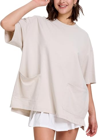 FAIABLE Women Oversized T-Shirt with Pockets Summer Casual Short Sleeve Loose Fit Tee Cotton Shirt Side Slit Crewneck Tops