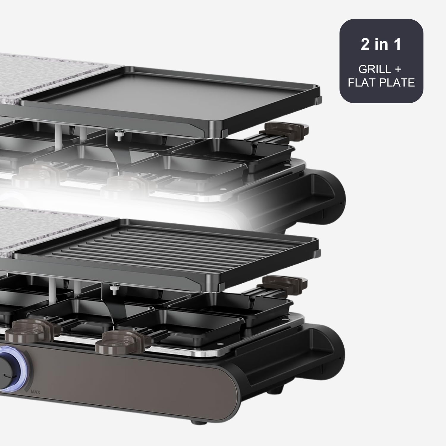 Black+Decker – Raclette elettrica BXFC1400E | 1400W | Per 8 persone | Piastra reversibile grill/plancha + pietra naturale | Termostato regolabile LED | Antiaderente | Accessori inclusi