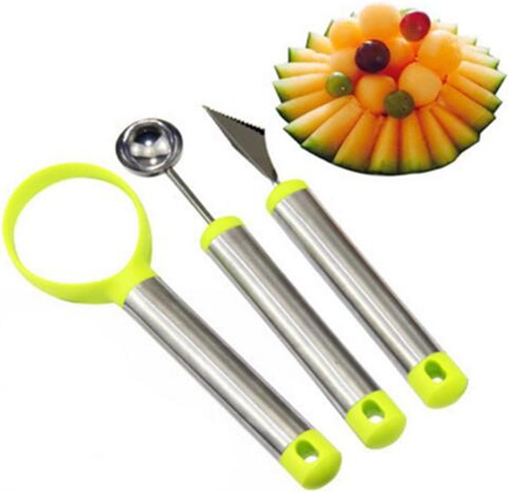 3 Pcs/Set Stainless Steel Melon Baller Scoop Fruit Spoon Ice Cream Dessert Engraving Flower Carving Knife Scoop Kitchen Tool