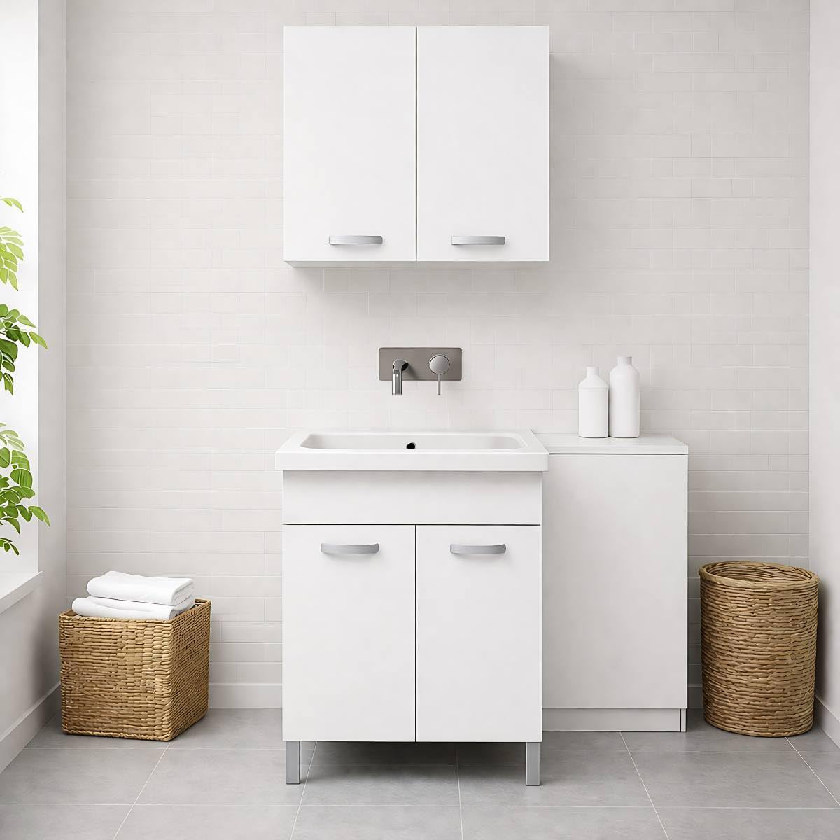 Mobile LAVATOIO Ceramica 60 x 60 x H 86 DOMINA Design Bianco Incluso di PILETTA in Acciaio E SIFONE Pilozza Profonda 33 cm con strizzatoio