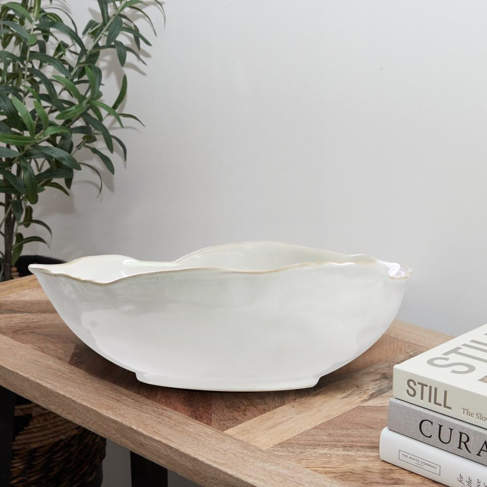Olly & Rose Grande ciotola in gres, bianco lucido con bordo beige, diametro 26,5 cm, in ceramica per insalata, frutta, pasta e esposizione