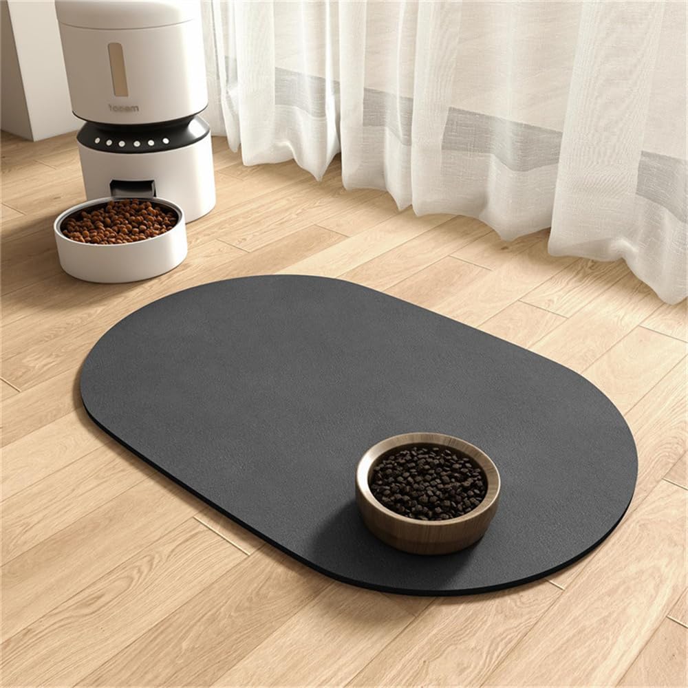 Hixingo Pet Food Mat for Cats Dogs Non Slip, Absorbent Quick Dry Pet Feeding Mat with Non-Slip Rubber Backed, Dog Cat Placemat Bowl Food and Water Bowl Matt (Oval dark gray,20 * 30cm)