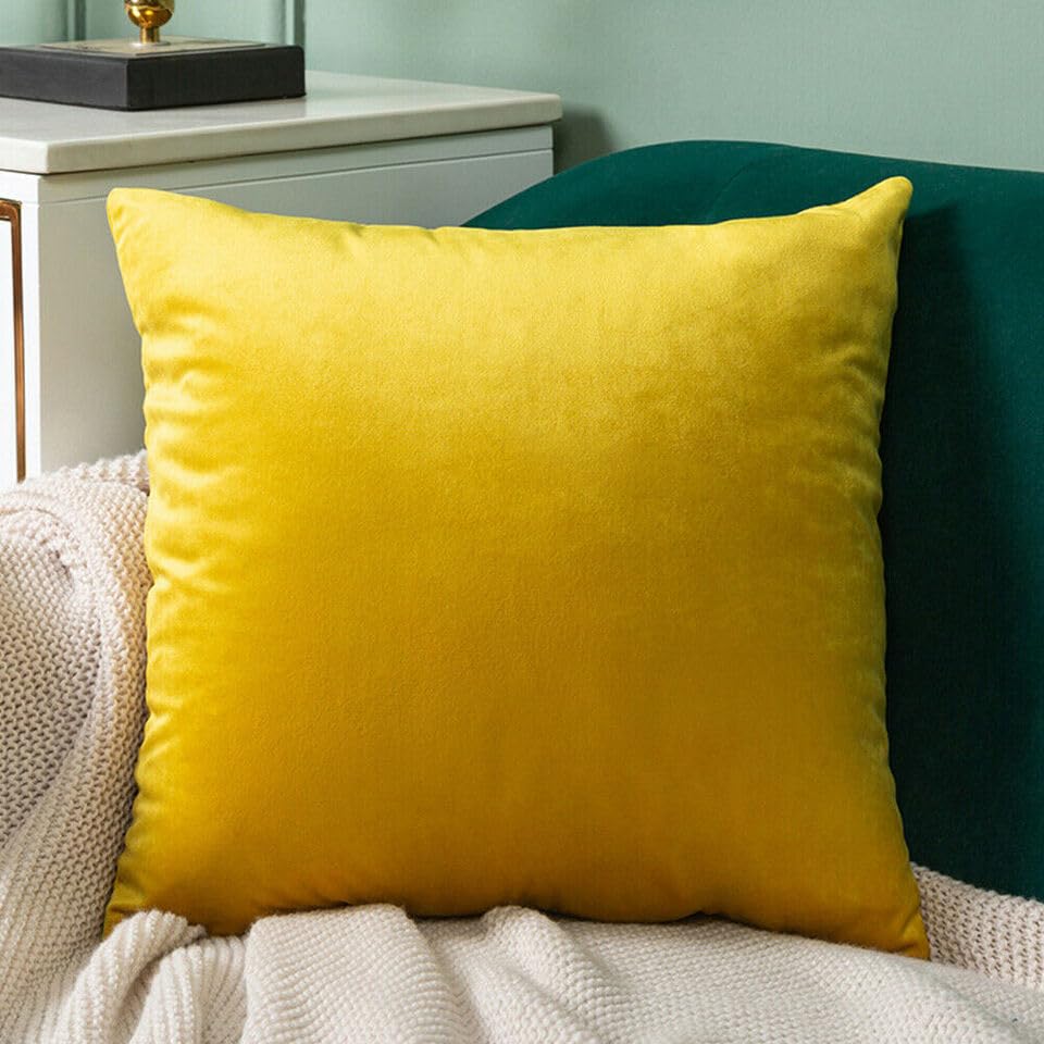 Seechoo Velvet Cushion Covers, Set of 2, 45cm x 45cm, 18x18 Inch, 17 Colours, Extra Soft Plush, Decorative, Invisible Zipper (Mustard) - Image 2
