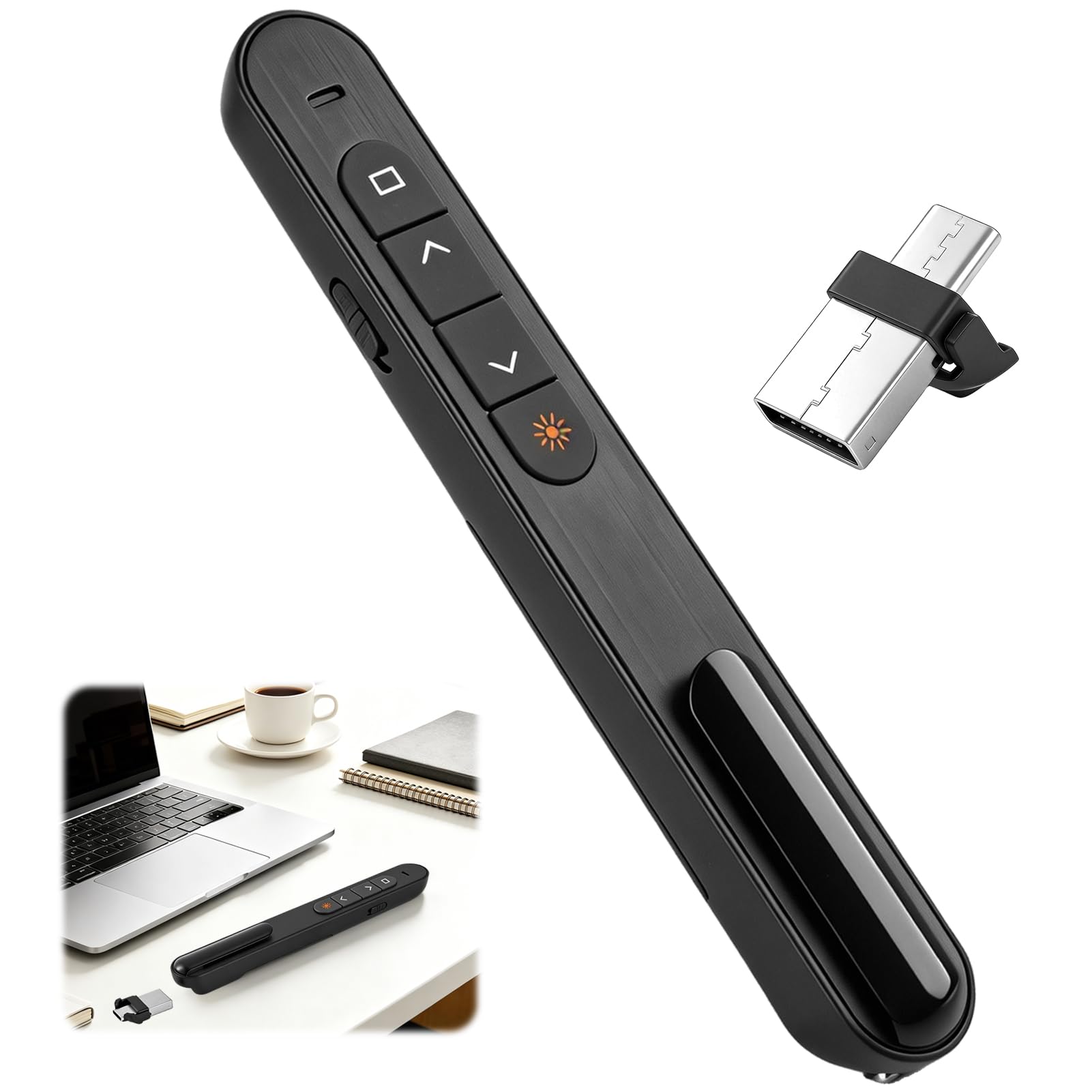 Télécommande de Présentation sans Fil 2-en-1 USB-C & USB-A, Pointeur PowerPoint 2,4 GHz avec Contrôle du Volume et Hyperliens