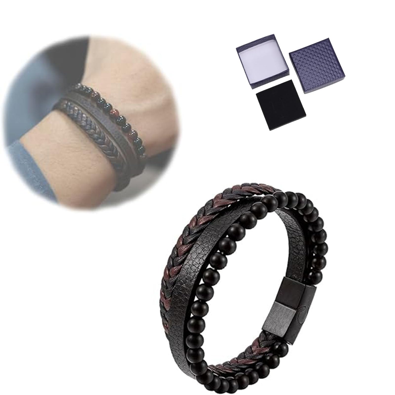 TJPOO Preliminary Calming Anxiety Bracelet, Stress Relief Natural Volcanic Stone Bracelet, Multi-layer Leather Braided Beads Bracelet for Men, With Stainless Steel Buckle