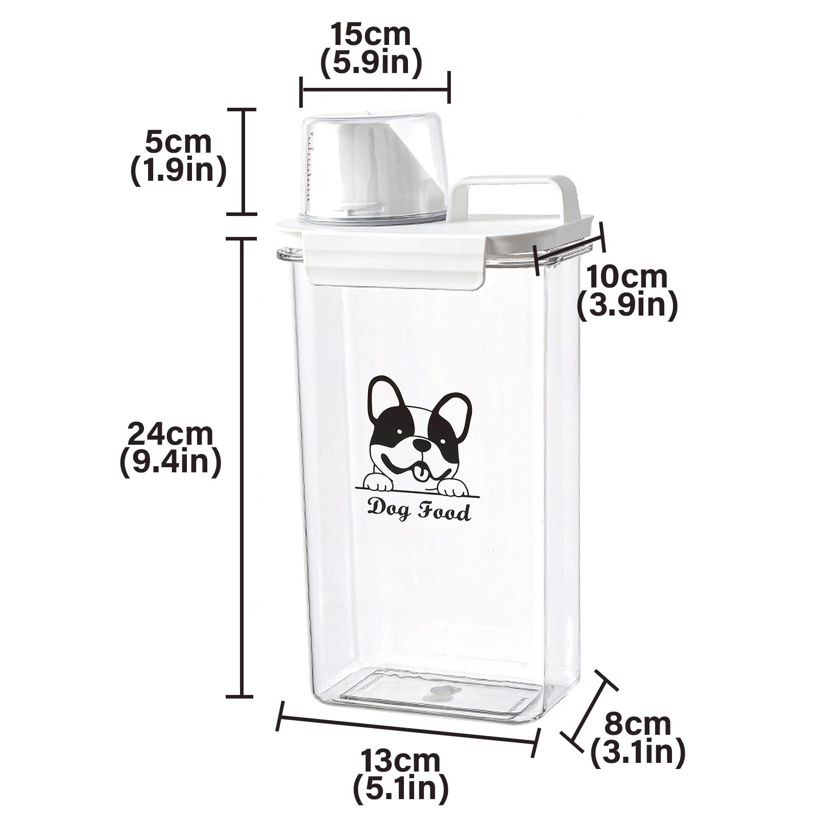 Geyecete Contenitore per Alimenti per Cani 2,5 L, Portatile Contenitore Crocchette per Cane in Plastica Trasparente, Scatola per Crocchette per Cani Ermetici, con Tazza di misurazione