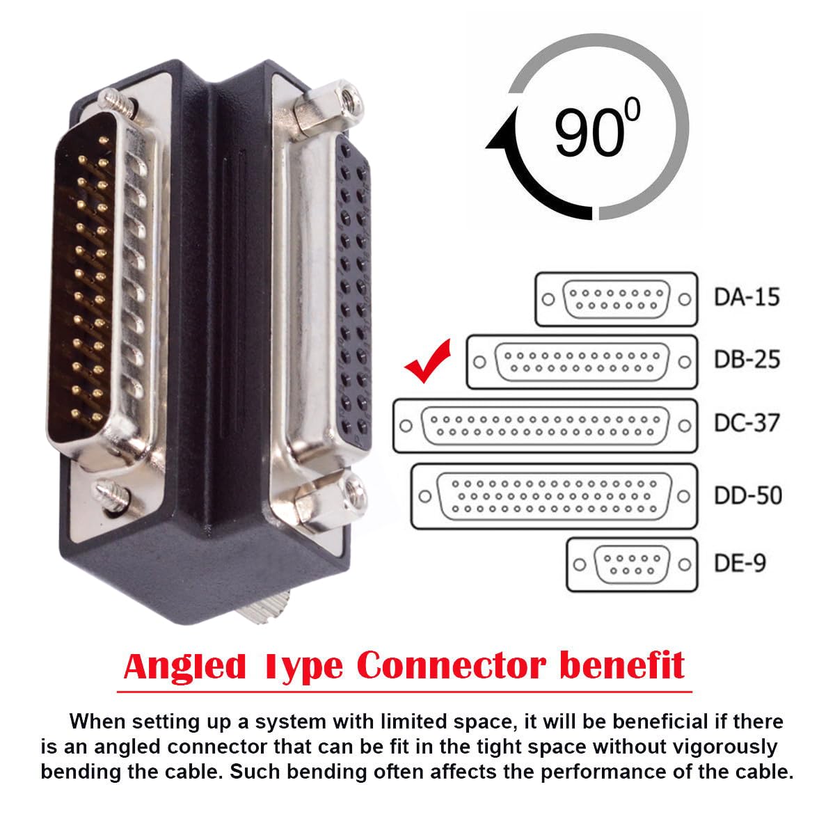 cablecc DB25pin DSUB Parallel LPT AES/EBU DB Macho, adaptador de extensión en ángulo inferior de 90 grados con tuerca macho y tornillo hembra