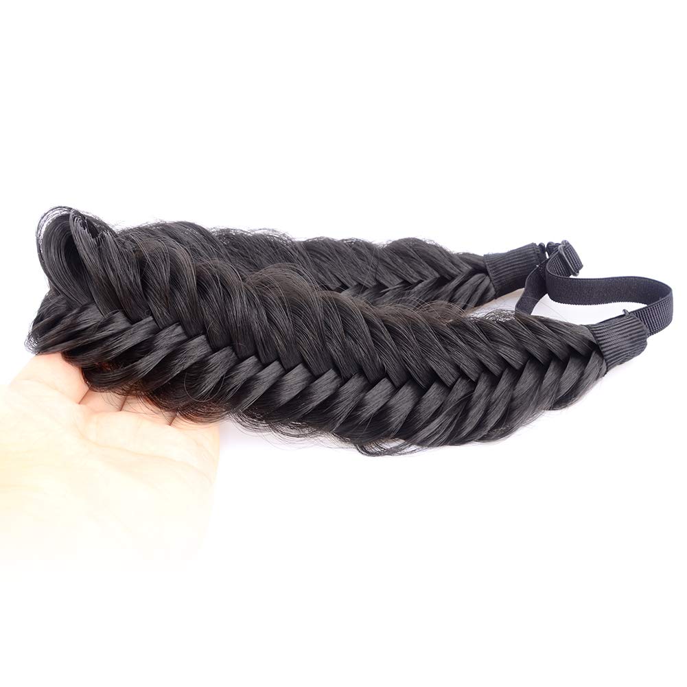 DIGUANWide Fishtail 2 Strands Synthetic Hair Braided Headband Classic Chunky Plaited Braids Elastic Stretch Hairpiece Women Girl Beauty accessory,59g (Natural Black)