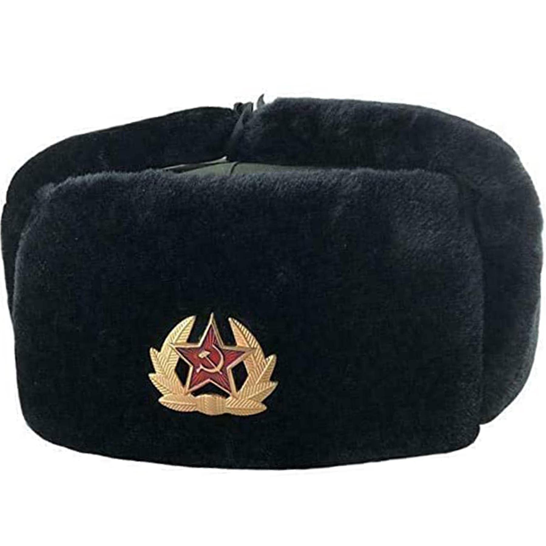 Bluemoon Bedding Ushanka Russian Military Hat with Ear Flaps and Soviet Badge, Trapper Ski Hat for Winter Black