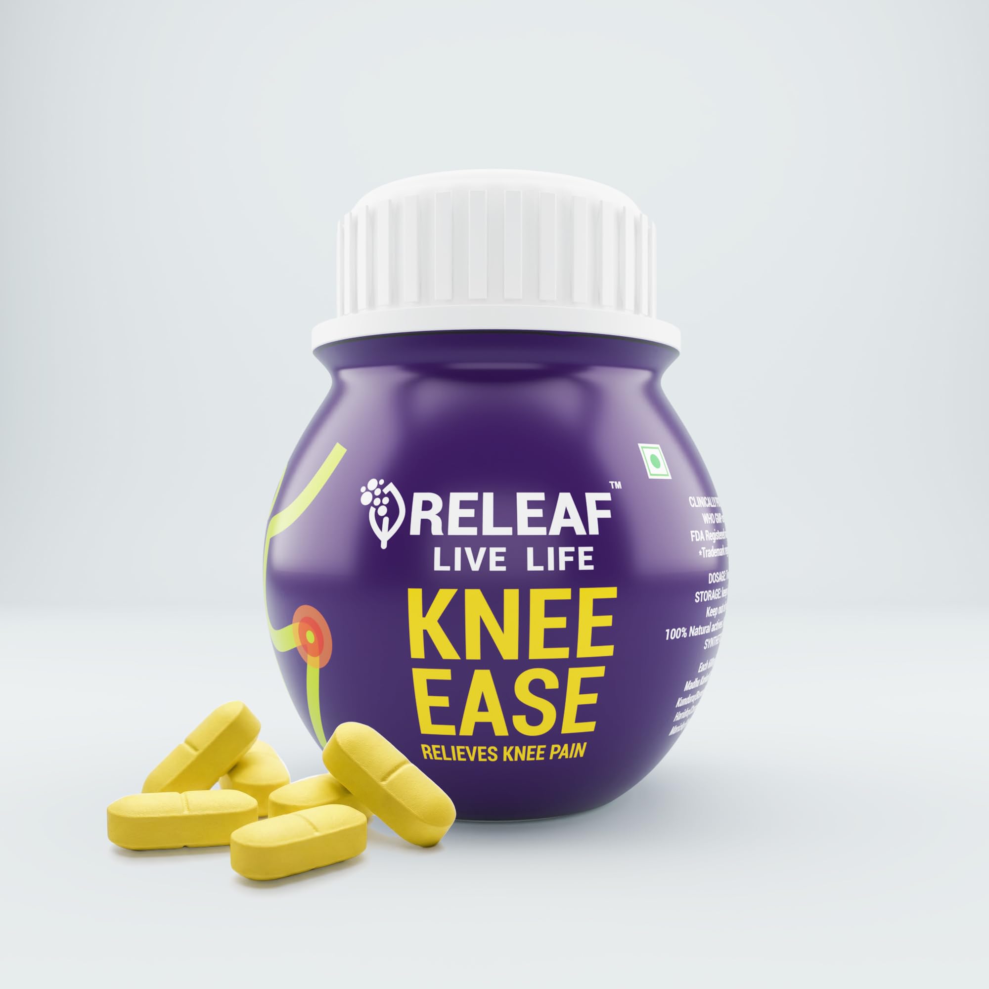 RELEAF Knee Ease Ayurvedic Joint Support Tablets, 60 Veg Tablets, Herbal Blend with Madhu Karkati,Kunduru,Haridra & Maracha 600mg-image-7