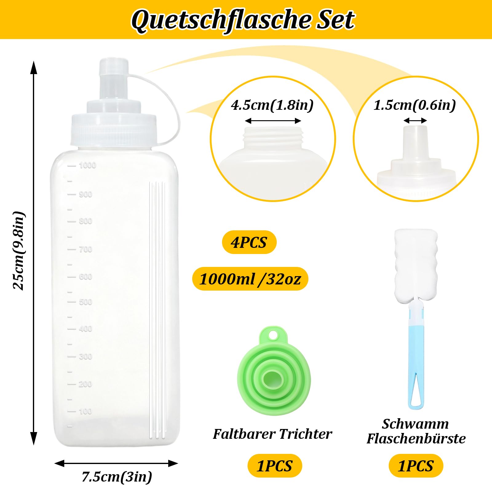 4 Pezzi 1000ml Squeeze Bottle,Biberon Cucina Professionale Dosatore Olio, Quadrato Contenitore Oliera Plastica con 1 spazzole di spugna e 1 imbuto, per Salse,Ketchup,Mayo,Olio d'oliva