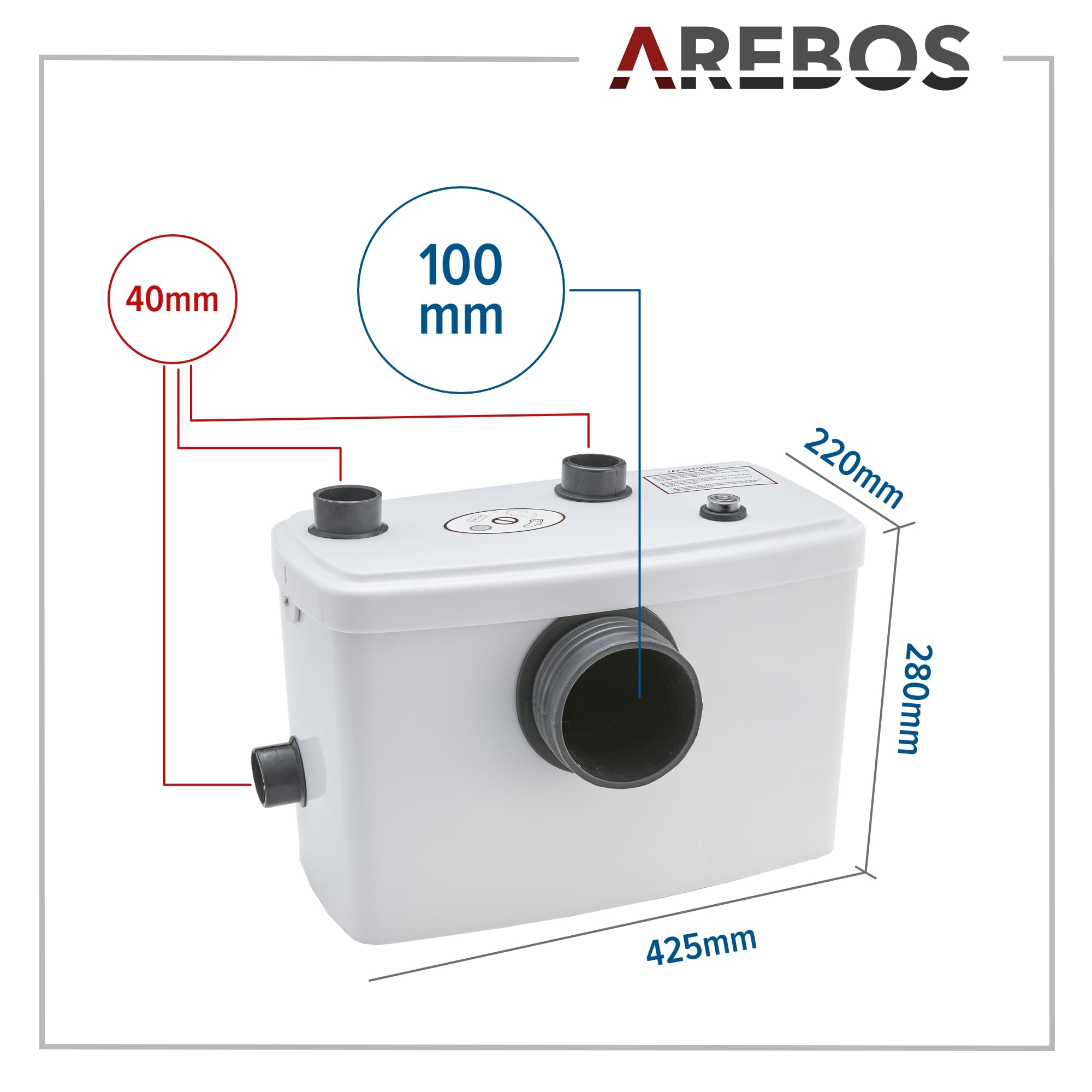 Arebos 3/1 Kleinhebeanlage 600 W | Fäkalienhebeanlage für WC, Dusche & Waschbecken | Schmutzwasserpumpe mit Schredder | Förderhöhe 7 m, Reichweite 70 m | Leiser & automatischer Betrieb | Weiß