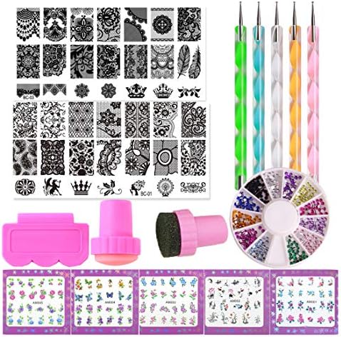 Nail Art Accessories Kit Stamping Template+Stamper With Scraper, Nails Sticker Decal Gradient Sponges Nail Rhinestones Dotting Pen Decorations Tool (BI006A)